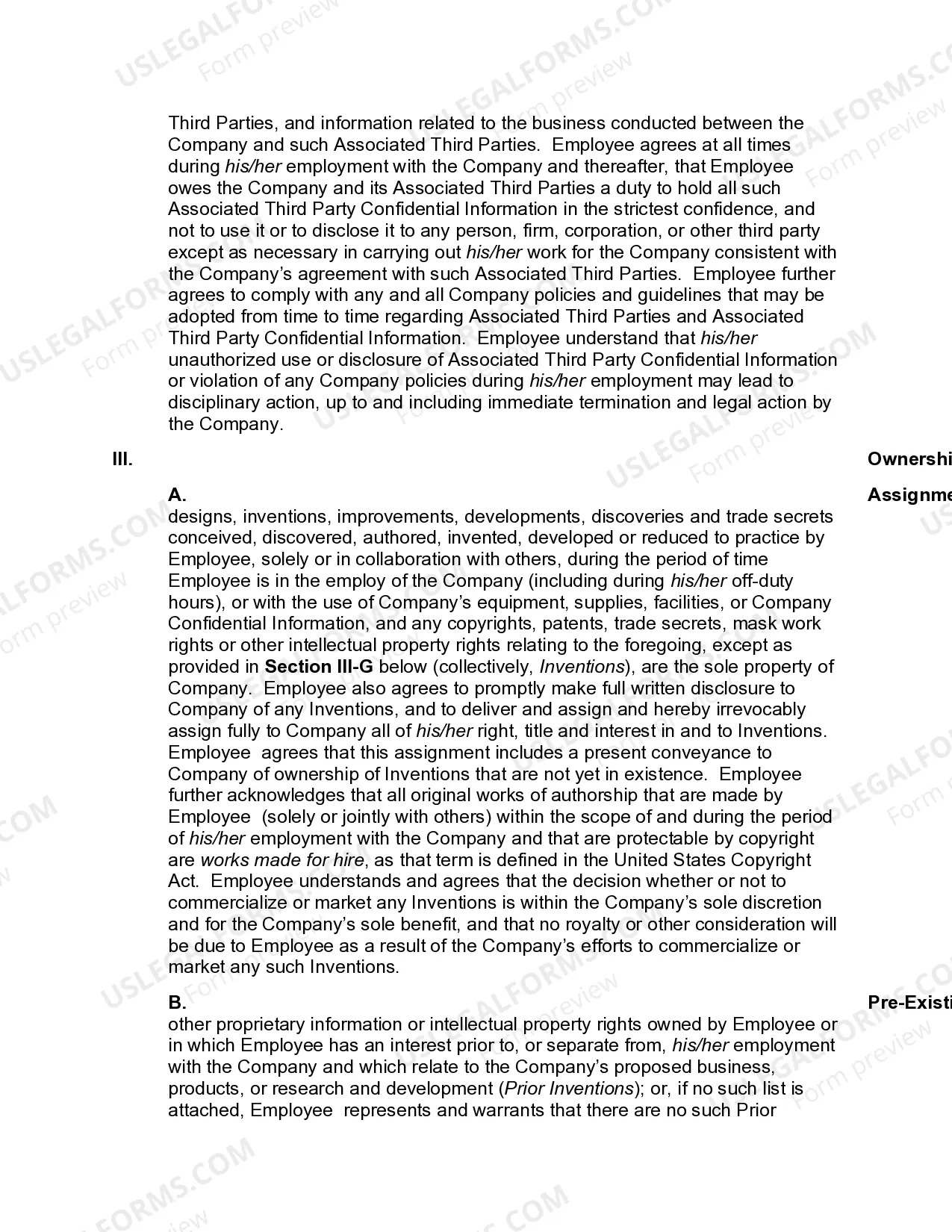 Preview At-Will Employment and Confidential Information Agreement and Invention Assignment