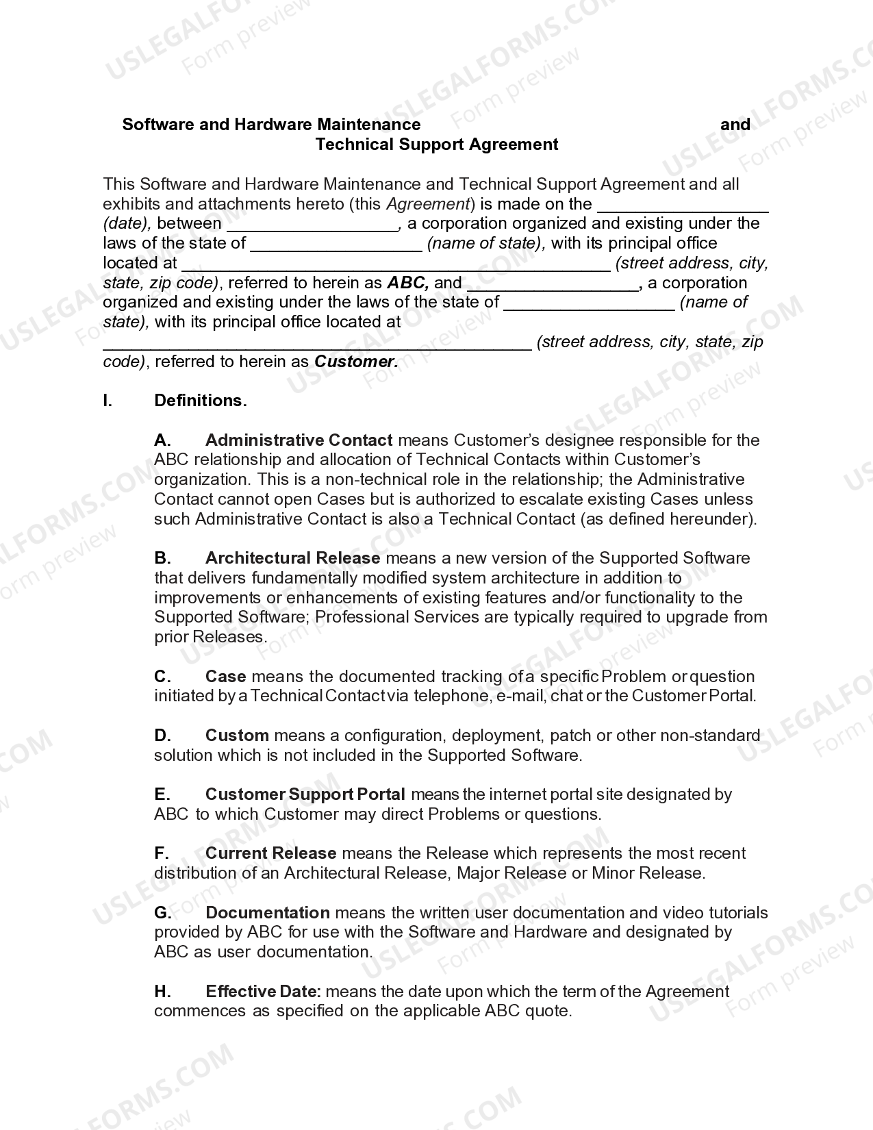 Software and Hardware Maintenance and Technical support Agreement US Legal Forms
