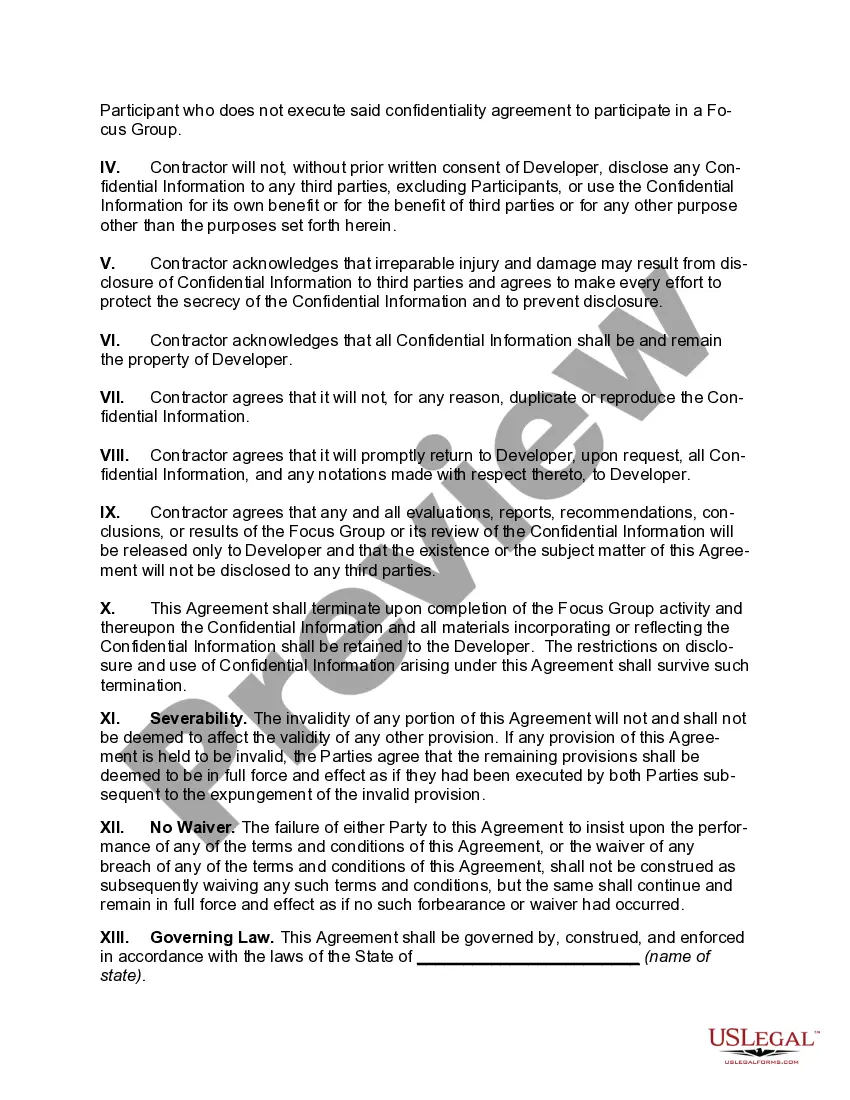 Get Nondisclosure Agreement - Focus Group Testing Preview Nondisclosure Agreement - Focus Group Testing