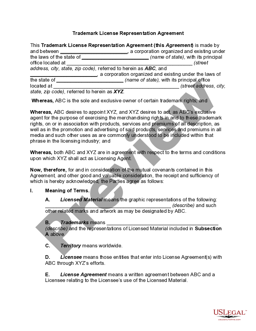 North Carolina Trademark License Representation Agreement US Legal Forms