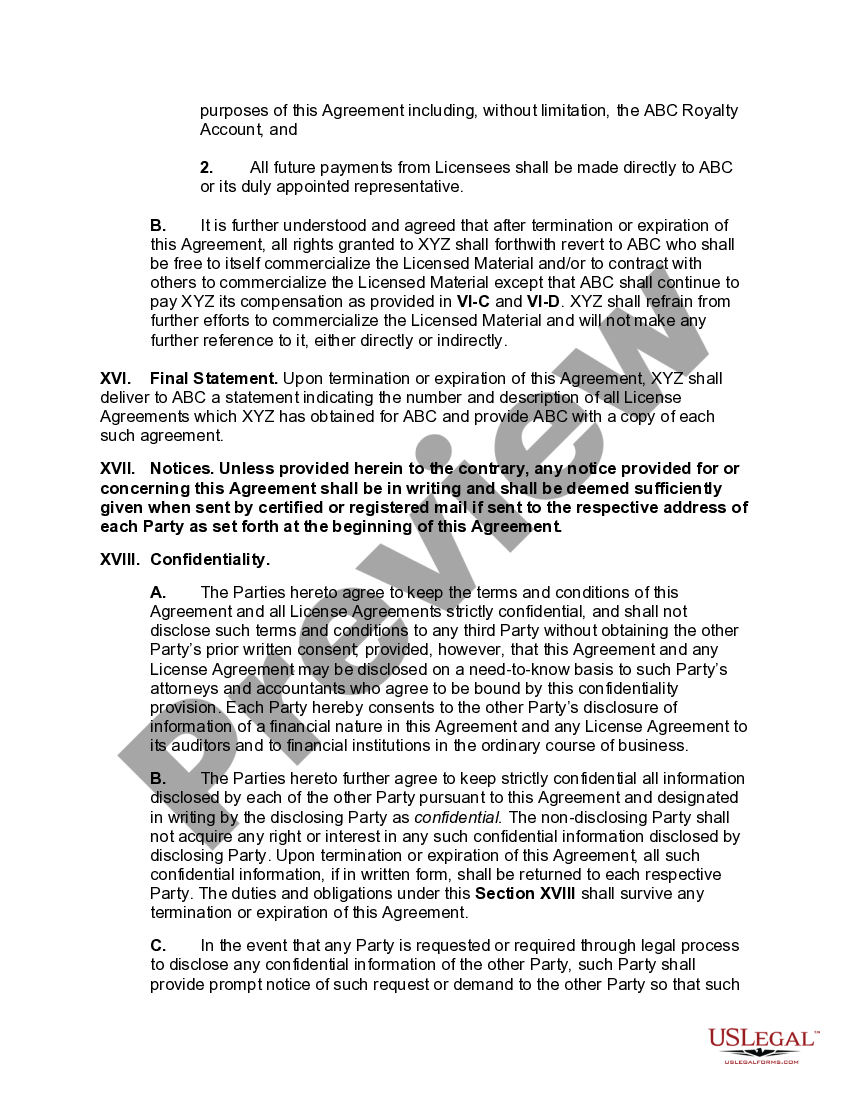 North Carolina Trademark License Representation Agreement US Legal Forms