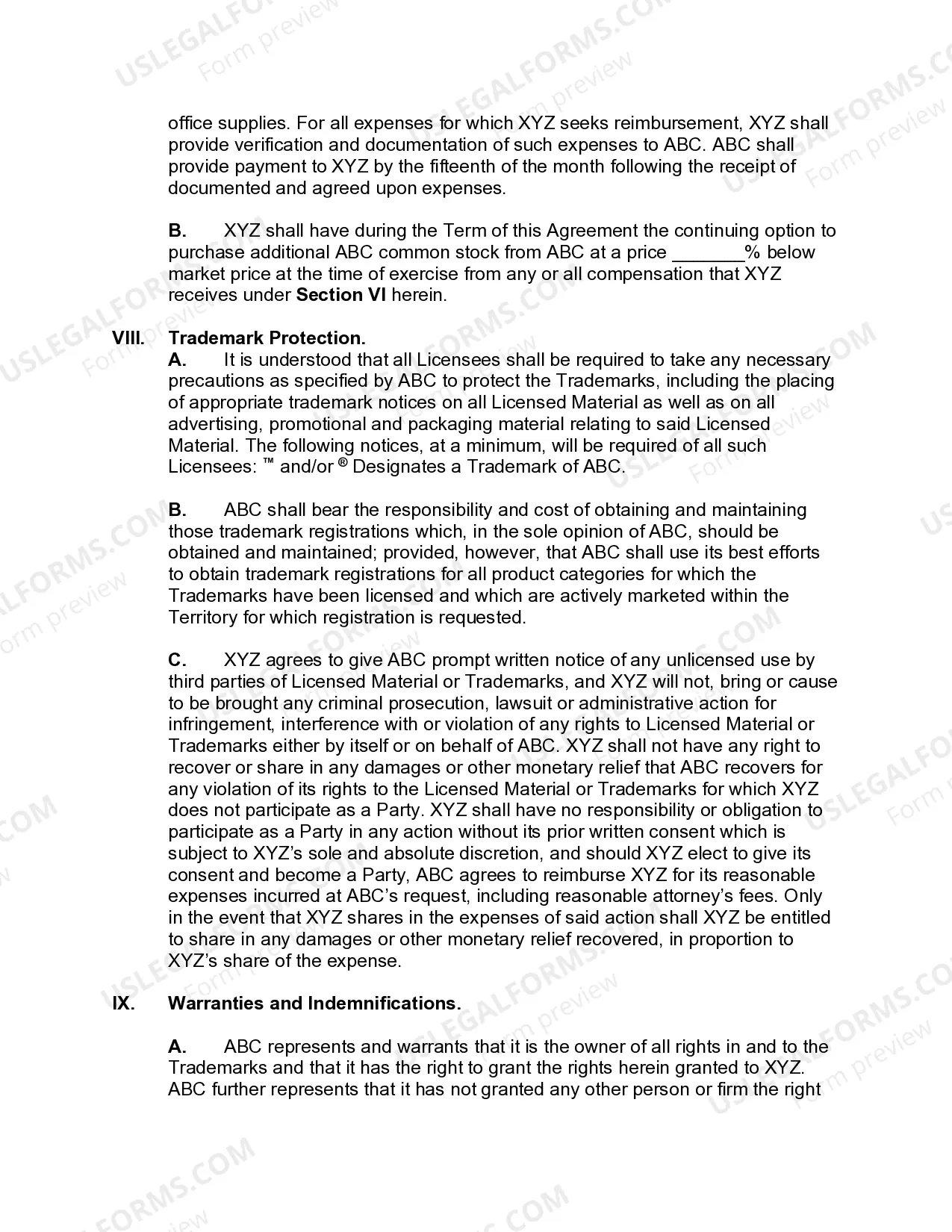 Preview Trademark License Representation Agreement