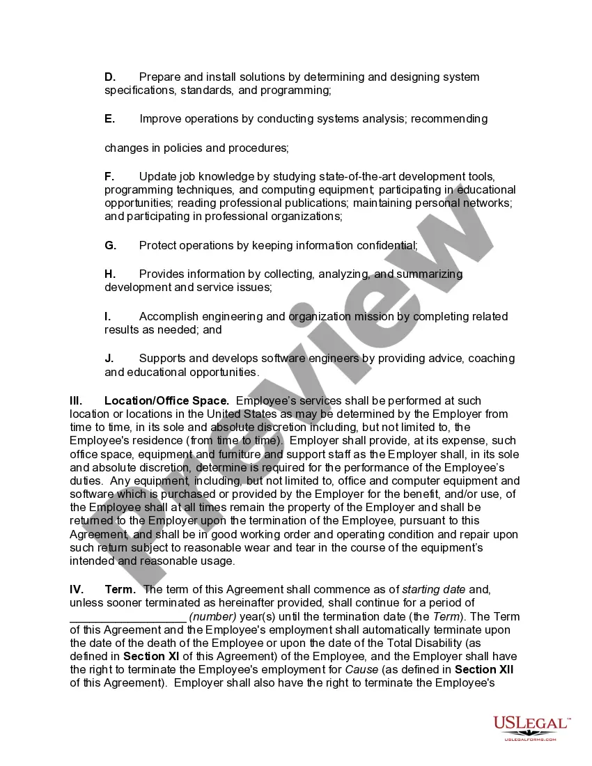 Preview Employment Agreement with Senior Software Developer