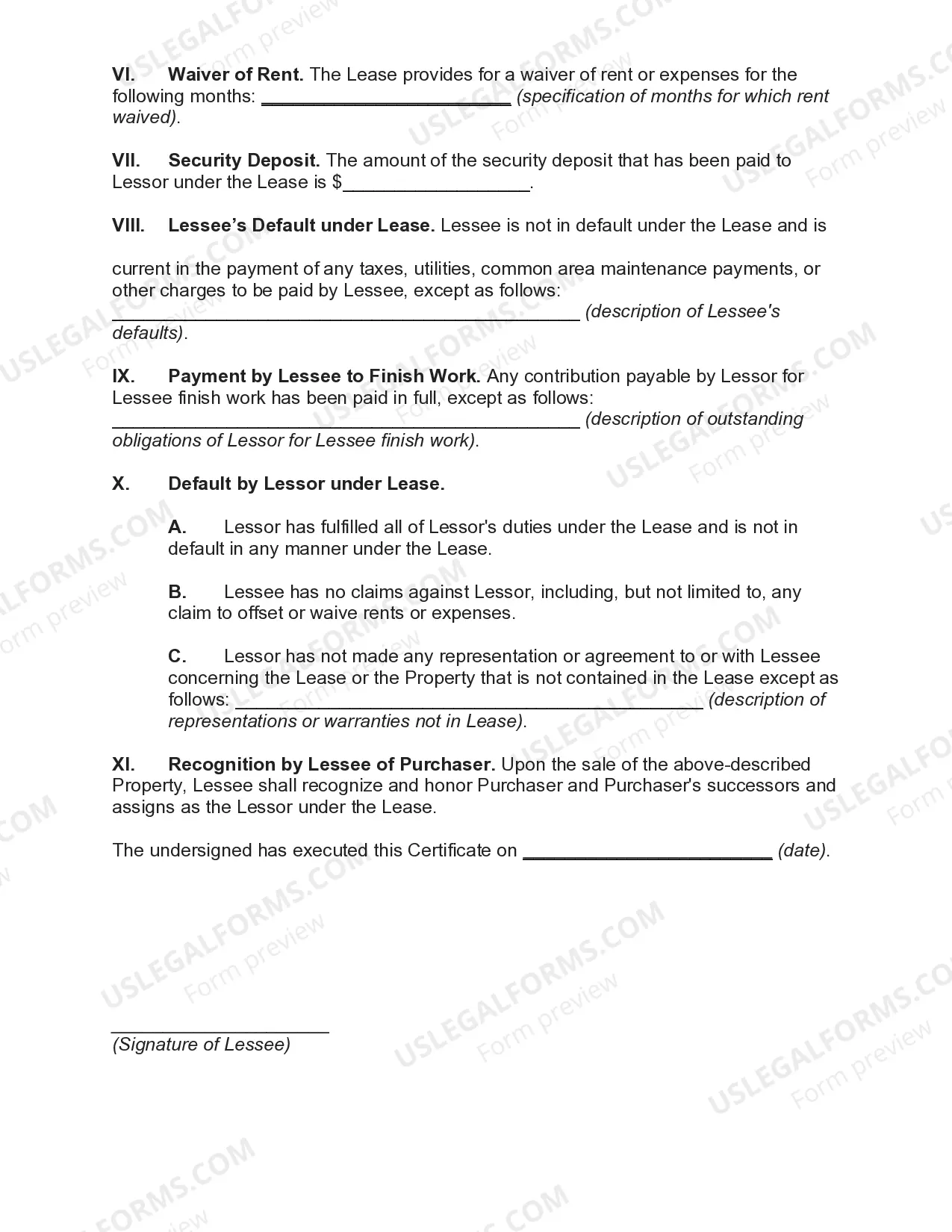 Preview Estoppel Certificate by Lessee