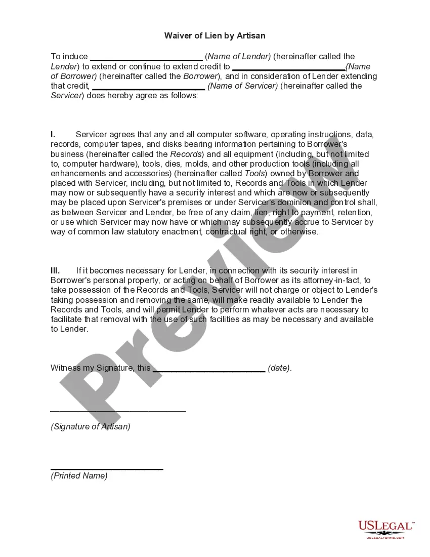 Preview Waiver of Lien by Artisan