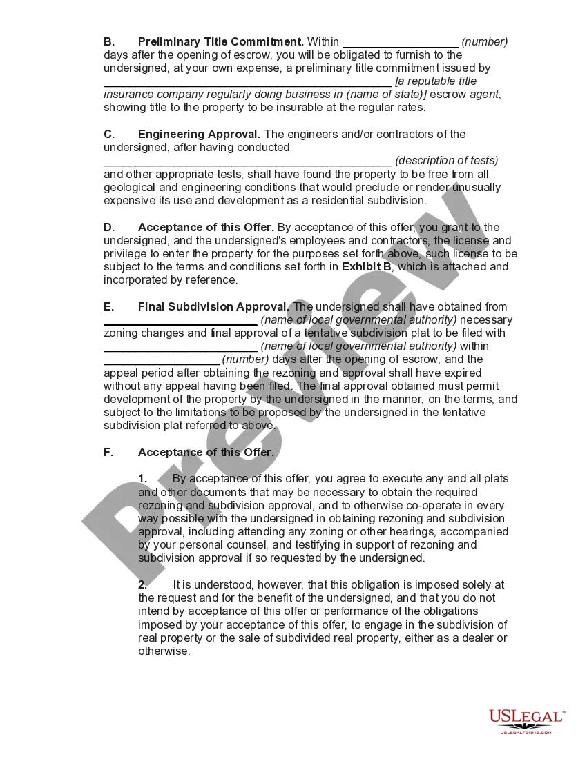Preview Purchase Offer or Lot in Subdivision Subject to Conditions including Subdivision Approval with Acceptance