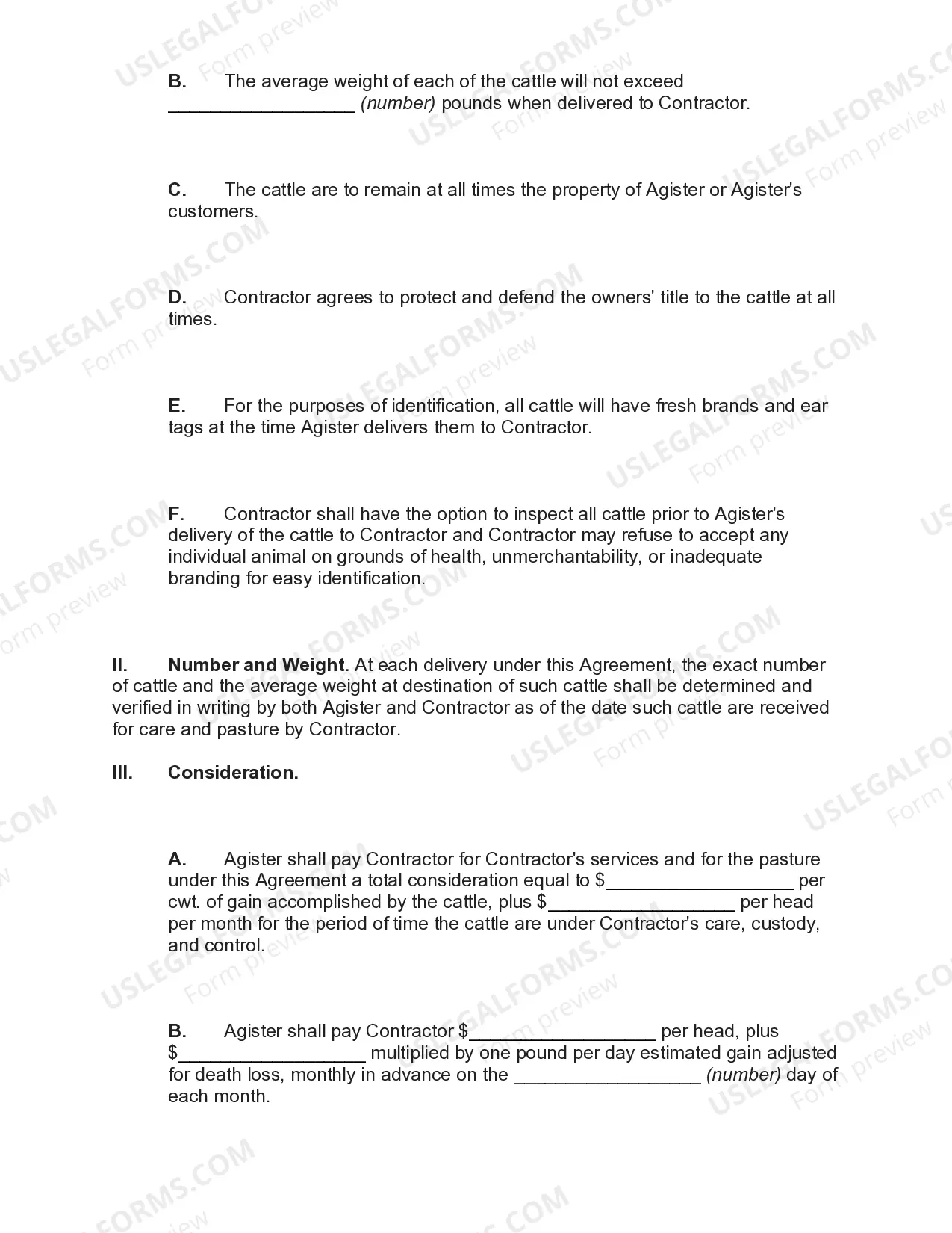 Preview Agistment Agreement between Agister and Subcontractor of Cattle