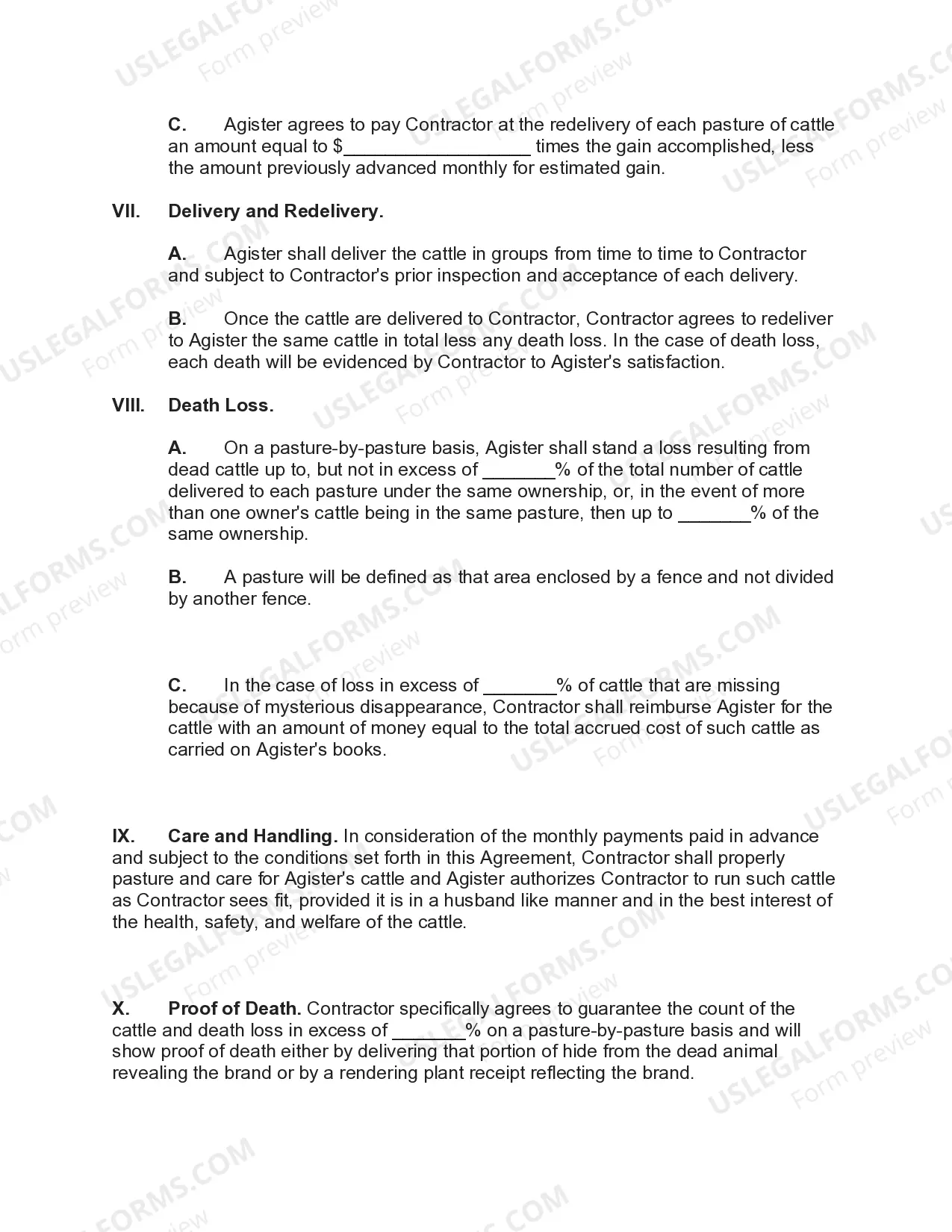 Preview Agistment Agreement between Agister and Subcontractor of Cattle
