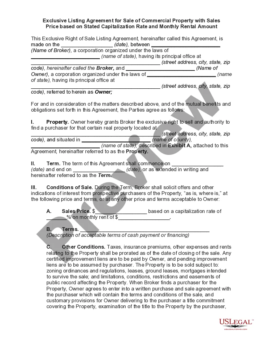 Preview Exclusive Listing Agreement for Sale of Commercial Property with Sales Price based on Stated Capitalization Rate and Monthly Rental Amount