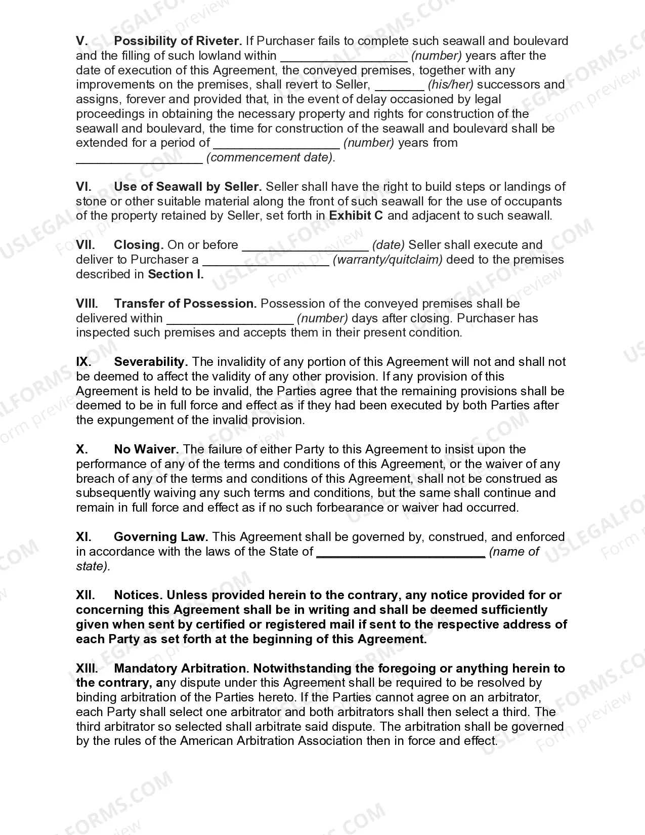 Preview Agreement to Sell Land for Construction of Seawall