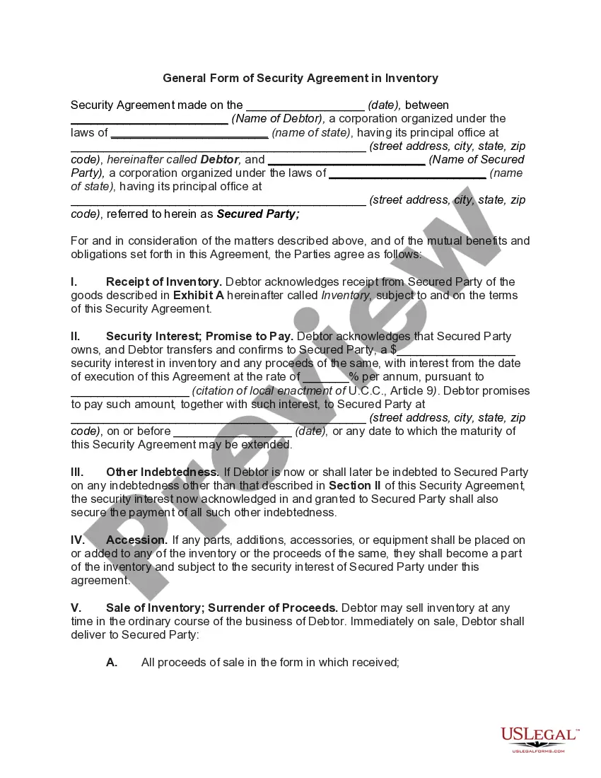 Preview General Form of Security Agreement in Inventory
