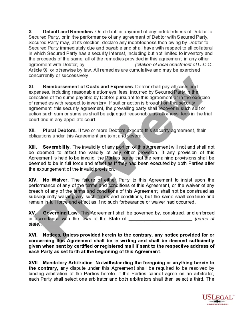 Preview General Form of Security Agreement in Inventory