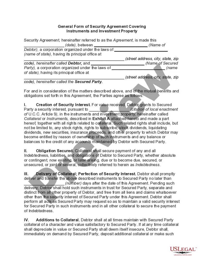 Preview General Form of Security Agreement Covering Instruments and Investment Property