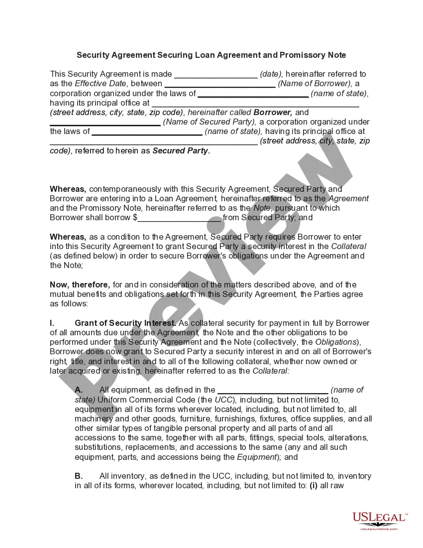 Preview Security Agreement Securing Loan Agreement and Promissory Note