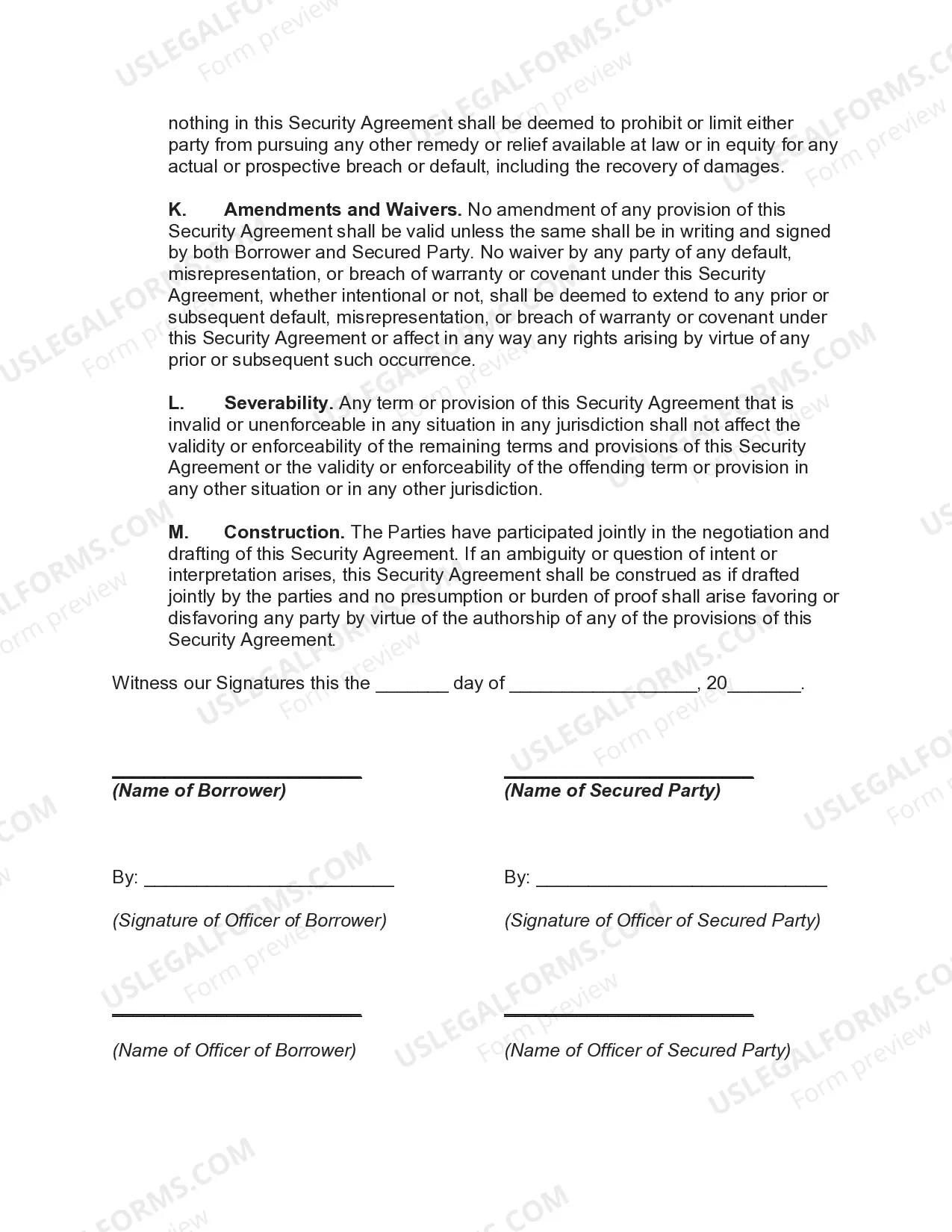 Preview Security Agreement Securing Loan Agreement and Promissory Note