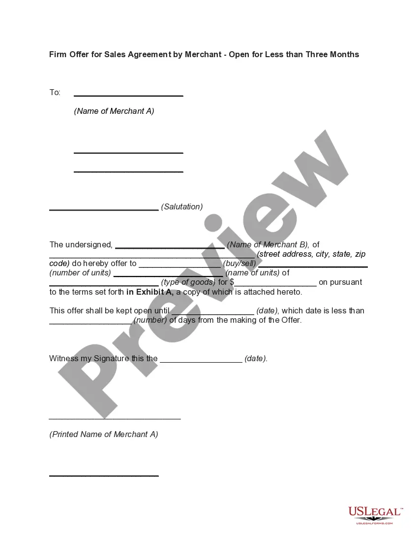 Preview Firm Offer for Sales Agreement by Merchant - Open for Less than Three Months