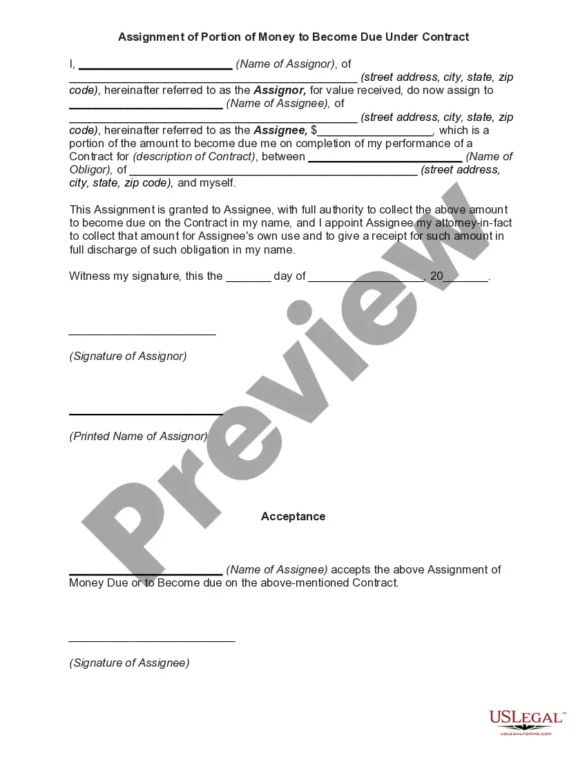 Preview Assignment of Portion of Money to Become Due Under Contract