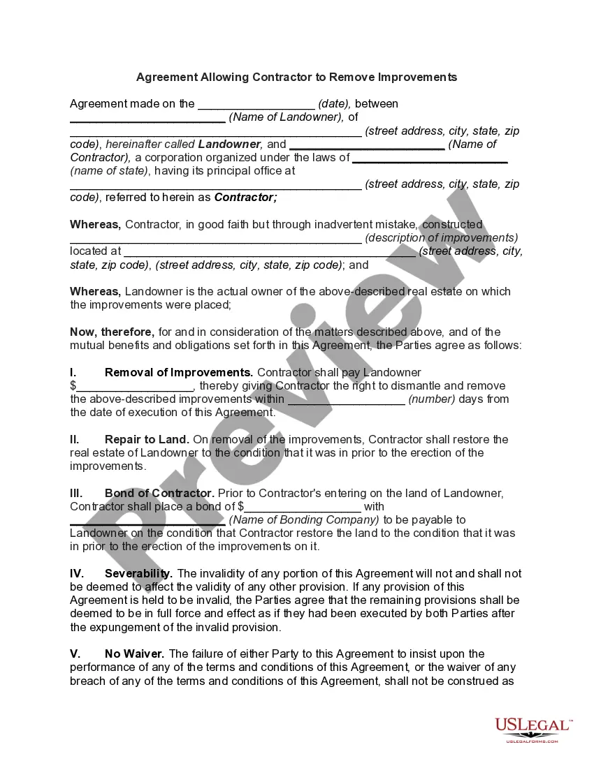 Preview Agreement Allowing Contractor to Remove Improvements