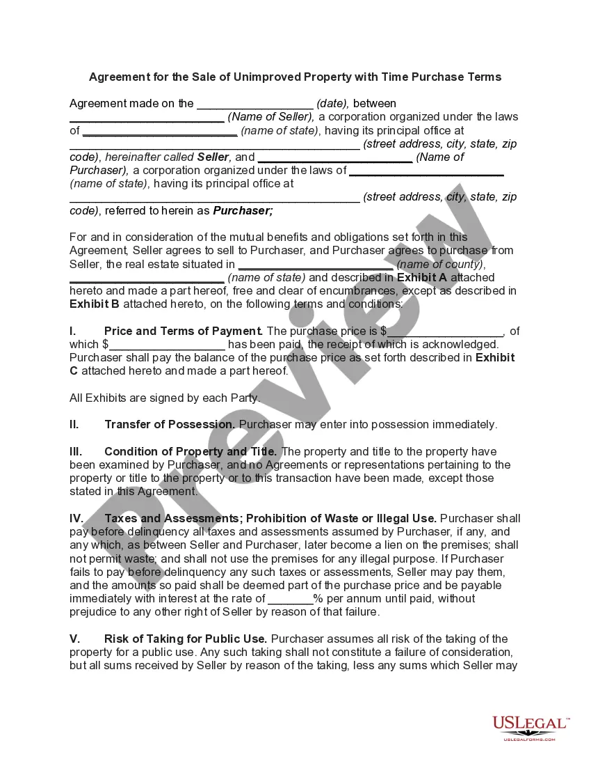 Preview Agreement for the Sale of Unimproved Property with Time Purchase Terms