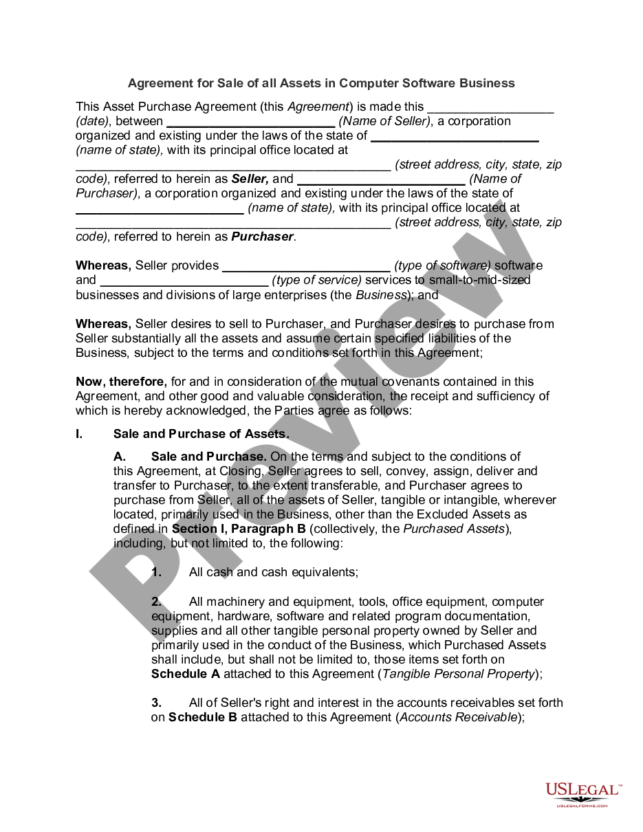 page 0 Agreement for Sale of all Assets in Computer Software Business preview