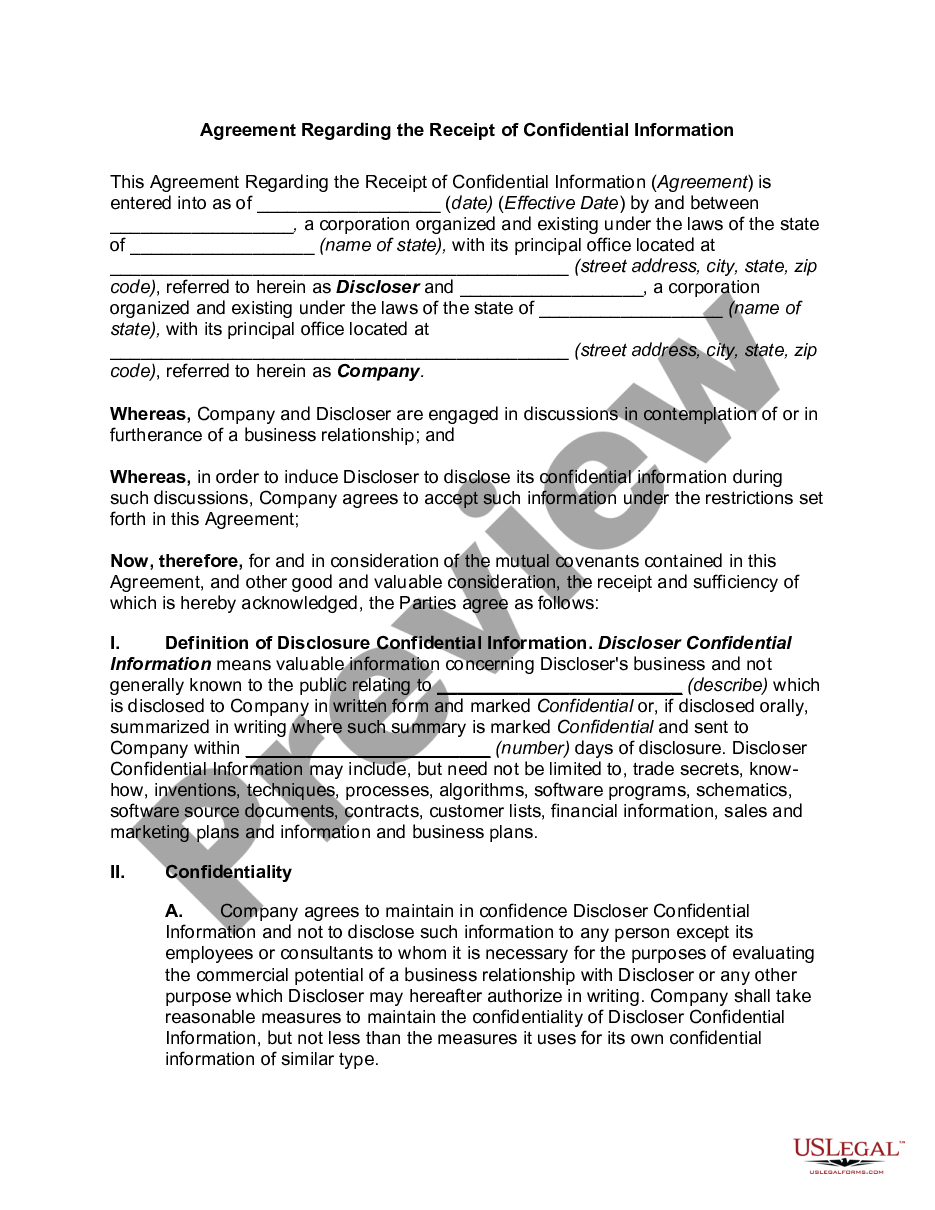 page 0 Agreement Regarding the Receipt of Confidential Information preview
