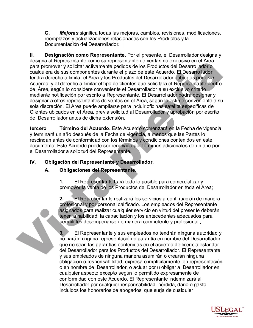 Preview Acuerdo de Representante de Ventas para Desarrollador de Software
