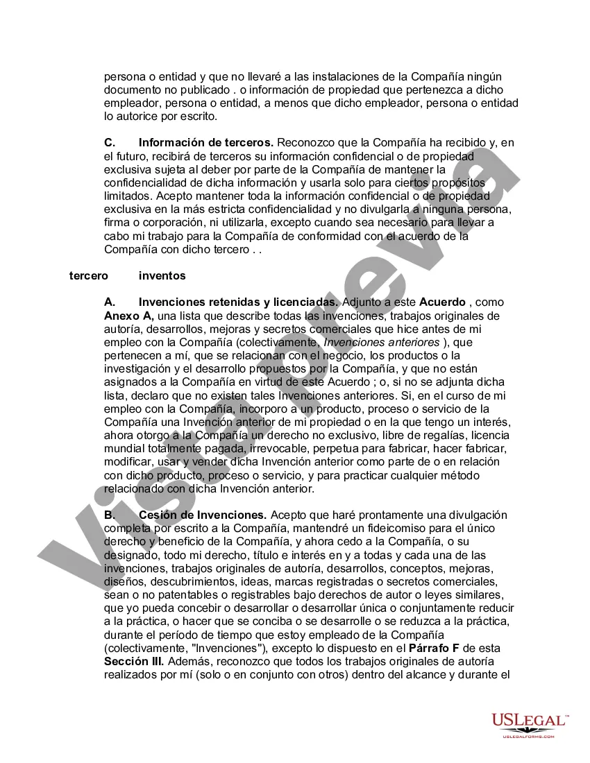 Preview Acuerdo entre el Empleador y el Empleado en cuanto a Invenciones con Cesión de Invenciones por parte del Empleado con Disposiciones sobre Empleo a Voluntad e Información Confidencial