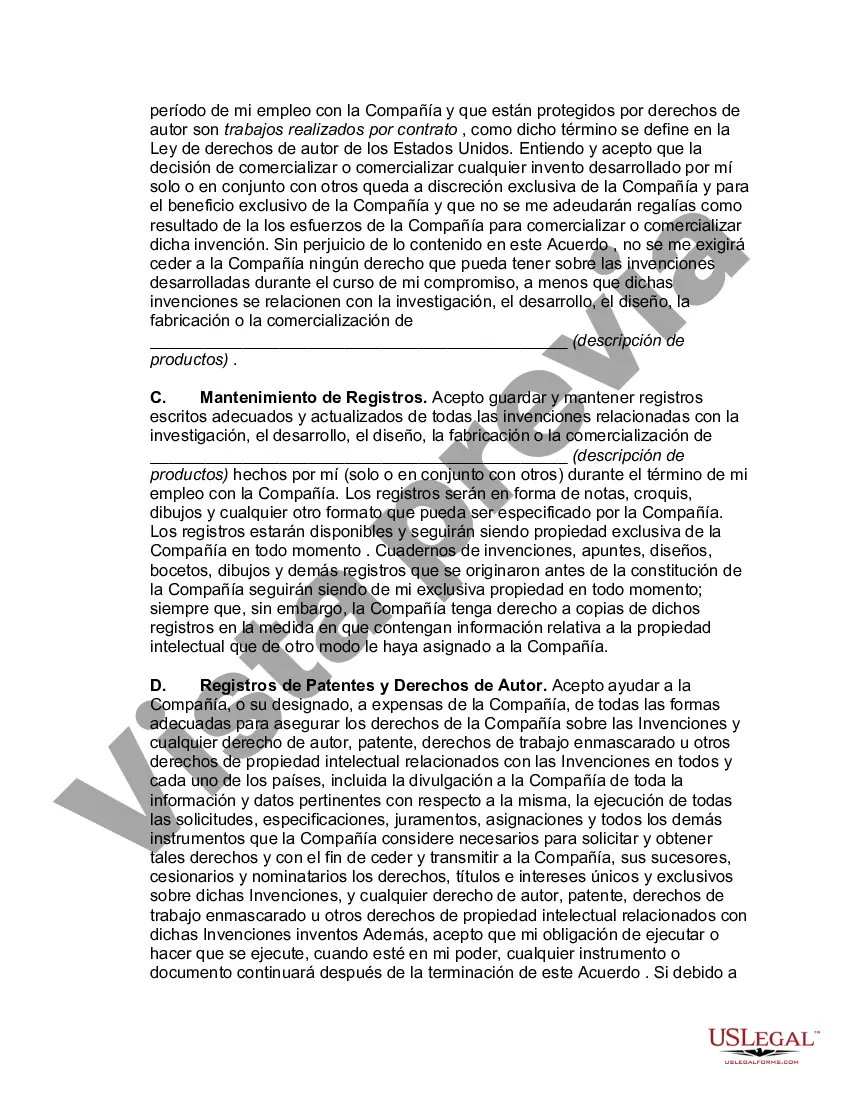 Preview Acuerdo entre el Empleador y el Empleado en cuanto a Invenciones con Cesión de Invenciones por parte del Empleado con Disposiciones sobre Empleo a Voluntad e Información Confidencial