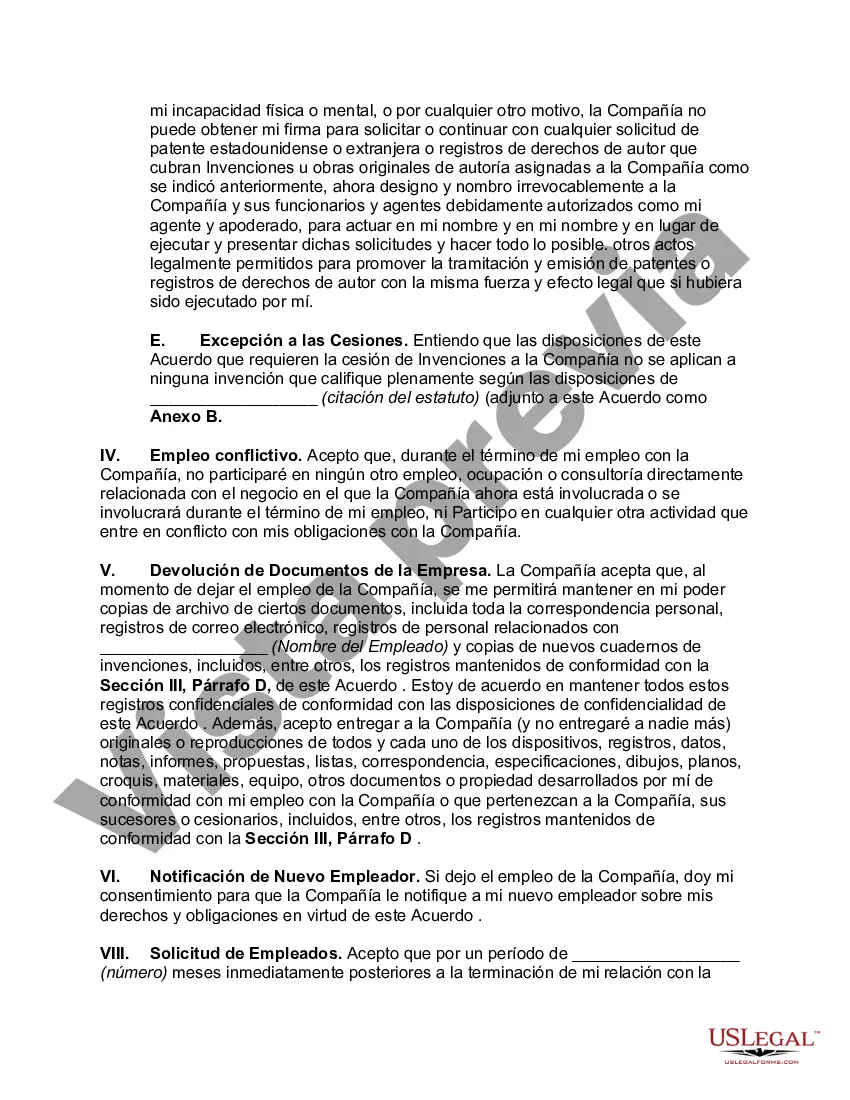 Preview Acuerdo entre el Empleador y el Empleado en cuanto a Invenciones con Cesión de Invenciones por parte del Empleado con Disposiciones sobre Empleo a Voluntad e Información Confidencial
