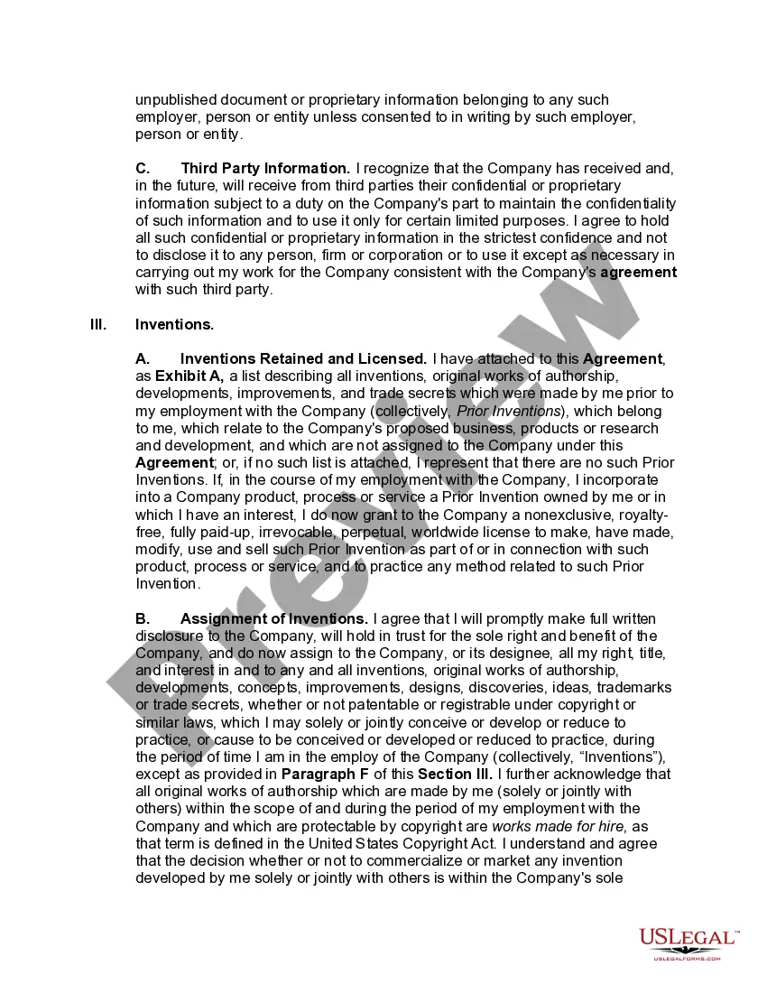 Get Agreement between Employer and Employee as to Inventions with Employee's Assignment of Inventions with Provisions Regarding At-Will Employment and Confidential Information Preview Agreement between Employer and Employee as to Inventions with Employee's Assignment of Inventions with Provisions Regarding At-Will Employment and Confidential Information