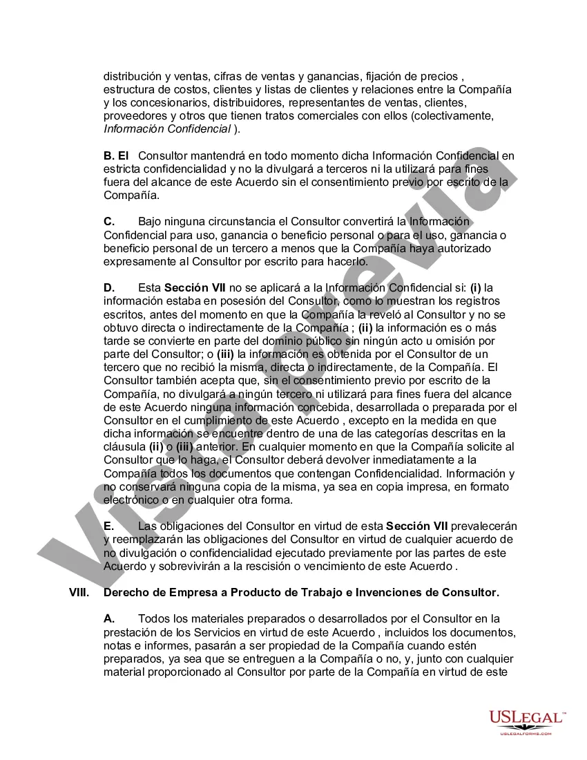 Preview Acuerdo de Consultoría con Contratista Independiente-- Compañía con Derecho al Producto del Trabajo, Desarrollos, Mejoras e Invenciones del Consultor