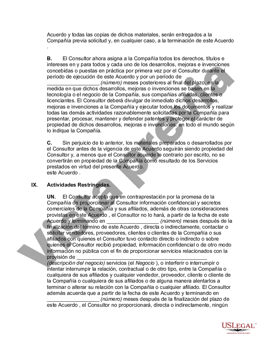 Preview Acuerdo de Consultoría con Contratista Independiente-- Compañía con Derecho al Producto del Trabajo, Desarrollos, Mejoras e Invenciones del Consultor