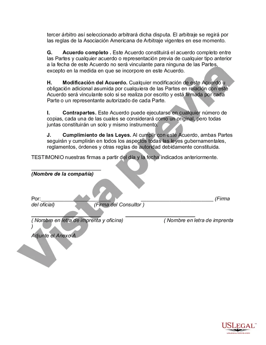 Preview Acuerdo de Consultoría con Contratista Independiente-- Compañía con Derecho al Producto del Trabajo, Desarrollos, Mejoras e Invenciones del Consultor