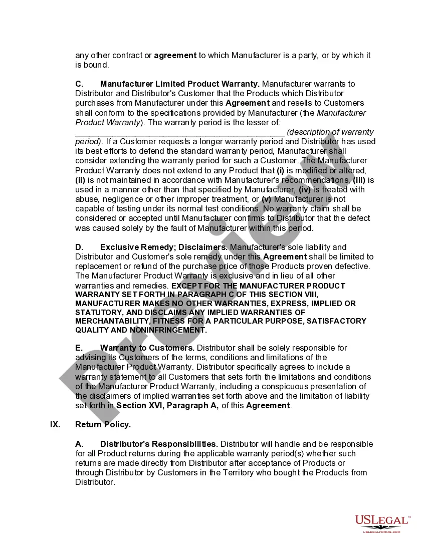 Preview International Nonexclusive Distributorship Agreement between United States Manufacturer and Foreign Distributor