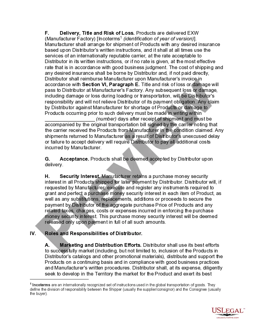 Preview International Nonexclusive Distributorship Agreement between United States Manufacturer and Foreign Distributor