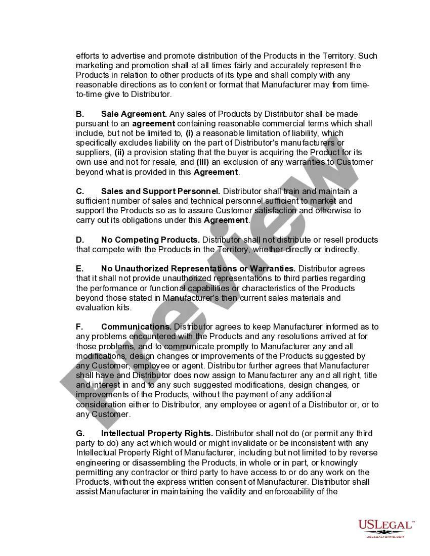 Preview International Nonexclusive Distributorship Agreement between United States Manufacturer and Foreign Distributor