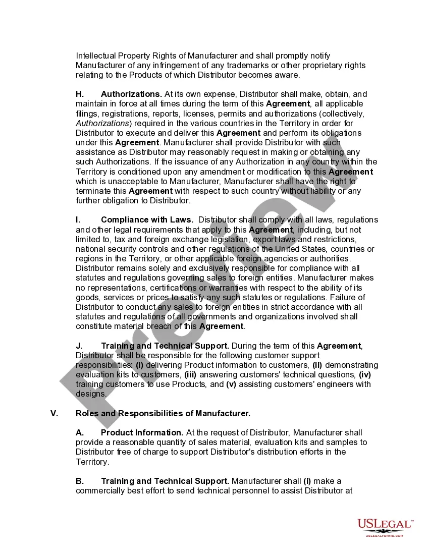 Preview International Nonexclusive Distributorship Agreement between United States Manufacturer and Foreign Distributor