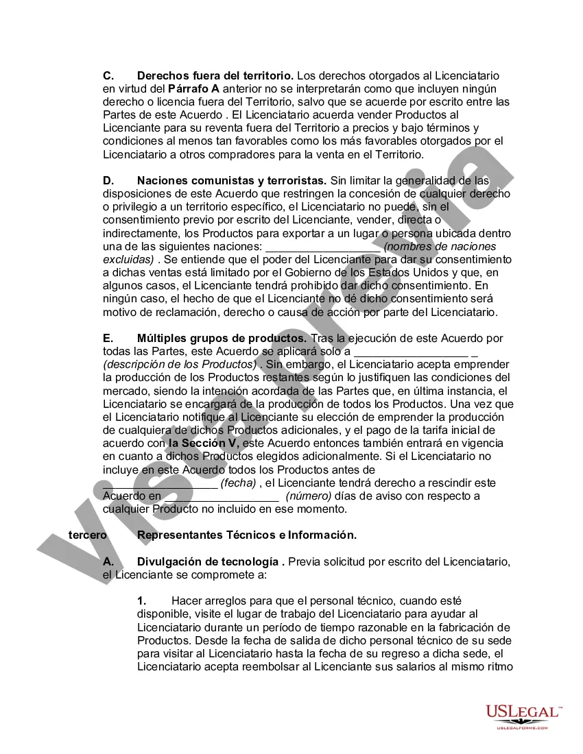 Preview Acuerdo de Licencia para Fabricación y Venta de Productos en País Extranjero