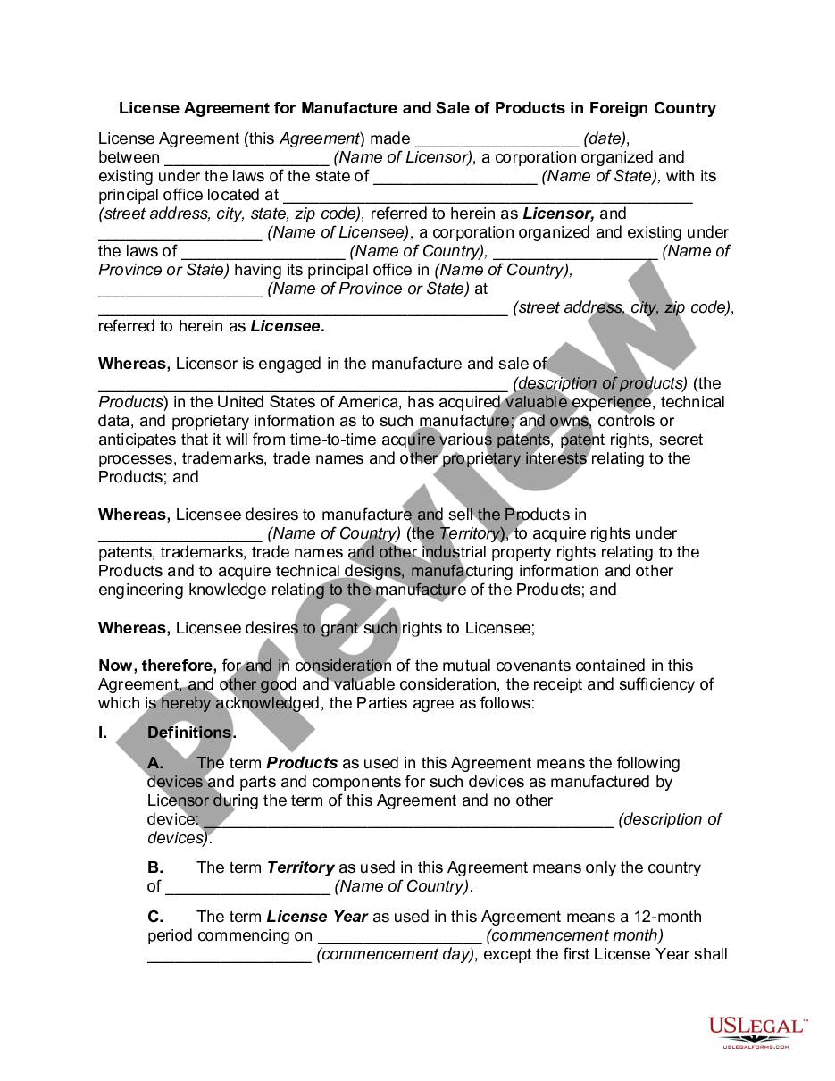 page 0 License Agreement for Manufacture and Sale of Products in Foreign Country preview