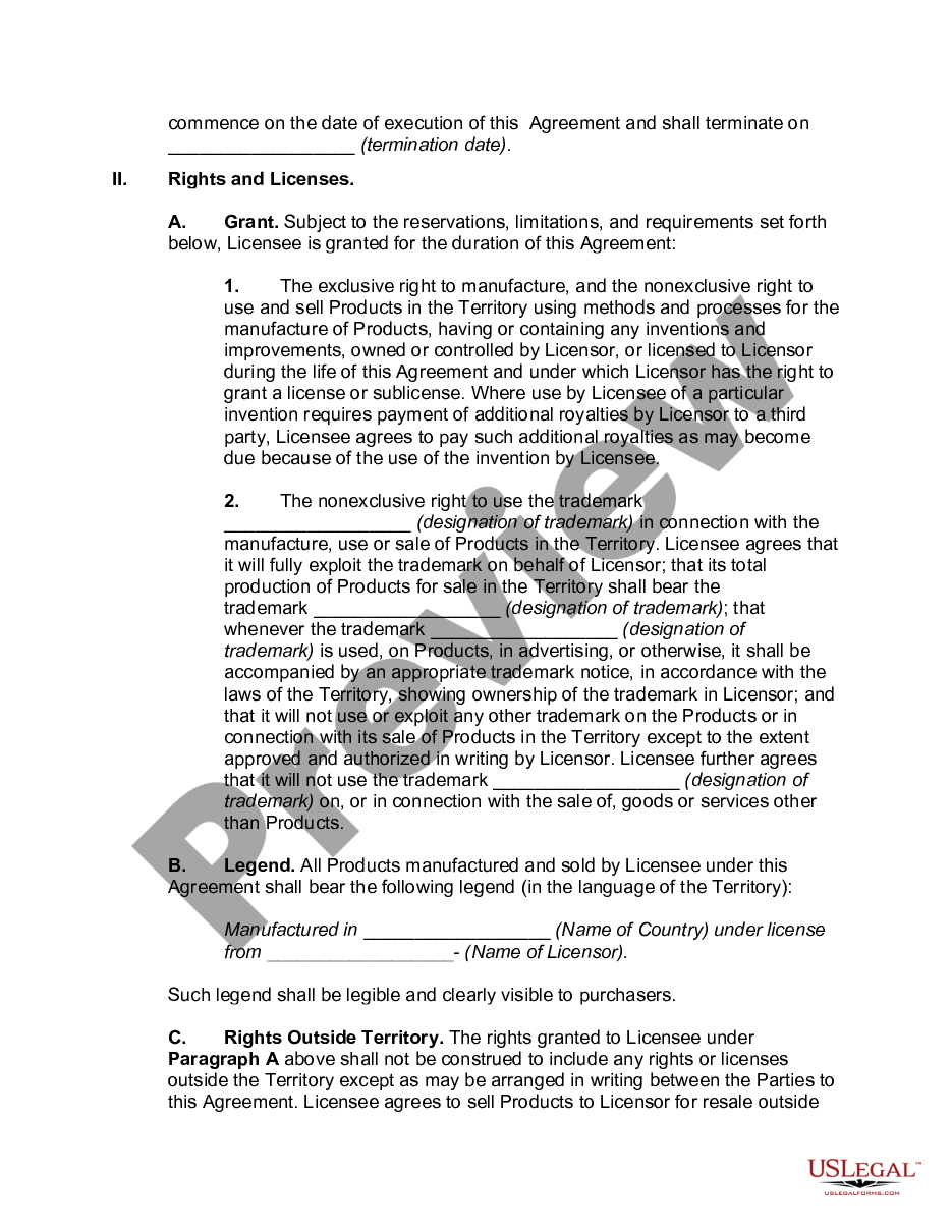 page 1 License Agreement for Manufacture and Sale of Products in Foreign Country preview