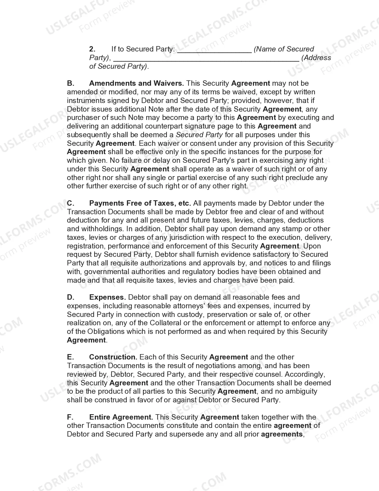 Preview Security Agreement Covering Goods, Equipment, Inventory, Etc.