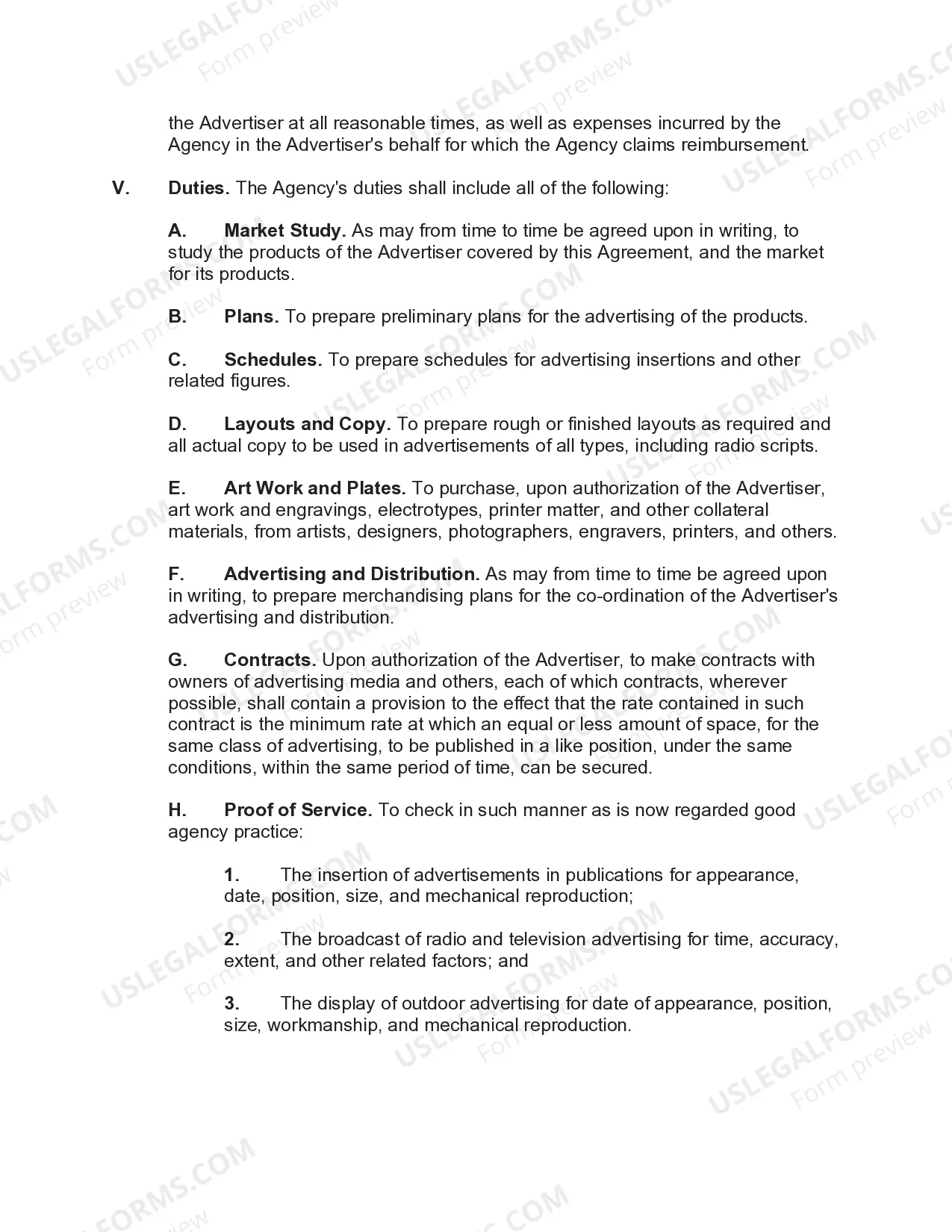 Preview Advertising Services Agreement between Advertiser and Adertising Agency for National Advertising