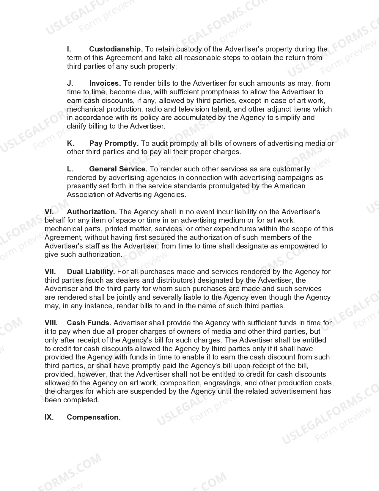 Preview Advertising Services Agreement between Advertiser and Adertising Agency for National Advertising