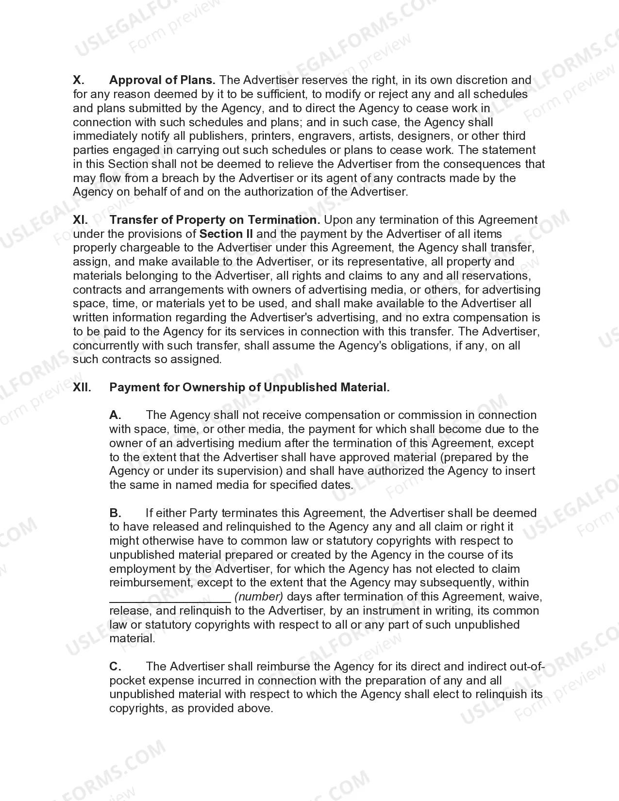 Preview Advertising Services Agreement between Advertiser and Adertising Agency for National Advertising