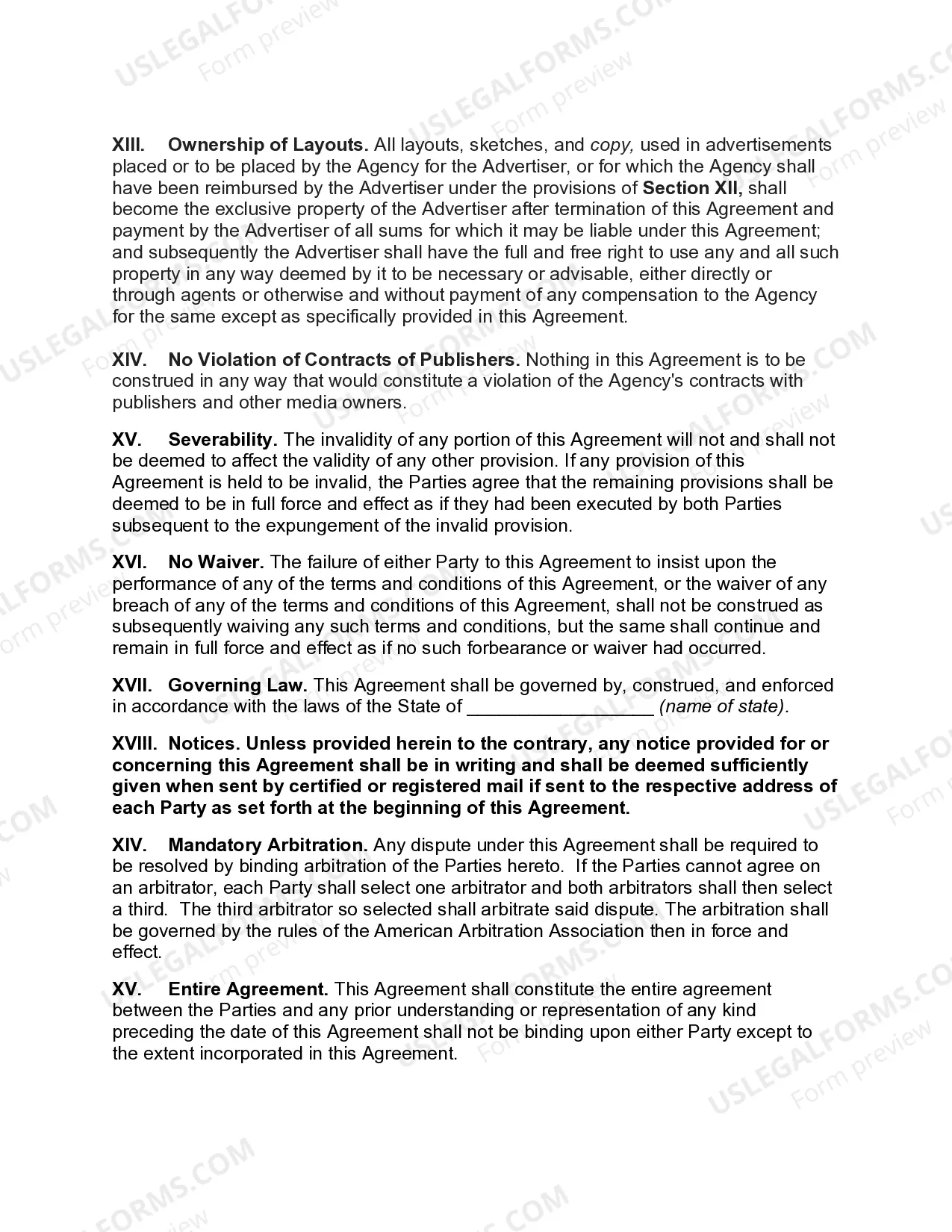 Preview Advertising Services Agreement between Advertiser and Adertising Agency for National Advertising