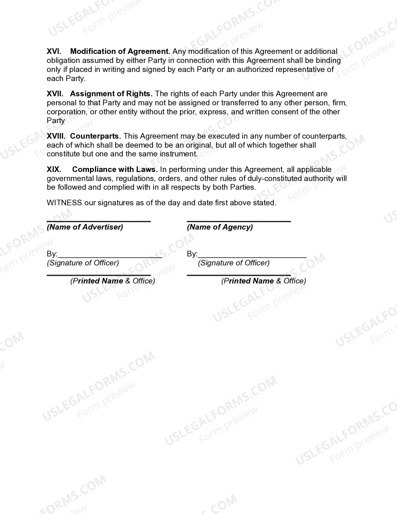 Preview Advertising Services Agreement between Advertiser and Adertising Agency for National Advertising