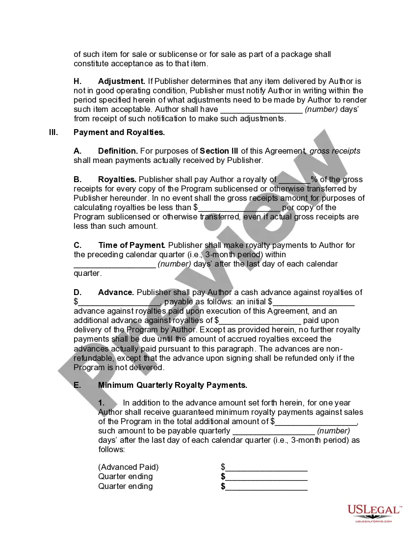 Get Author Oriented Software Royalty and License Agreement Regarding a Computer Program for use on Personal Computer Preview Author Oriented Software Royalty and License Agreement Regarding a Computer Program for use on Personal Computer