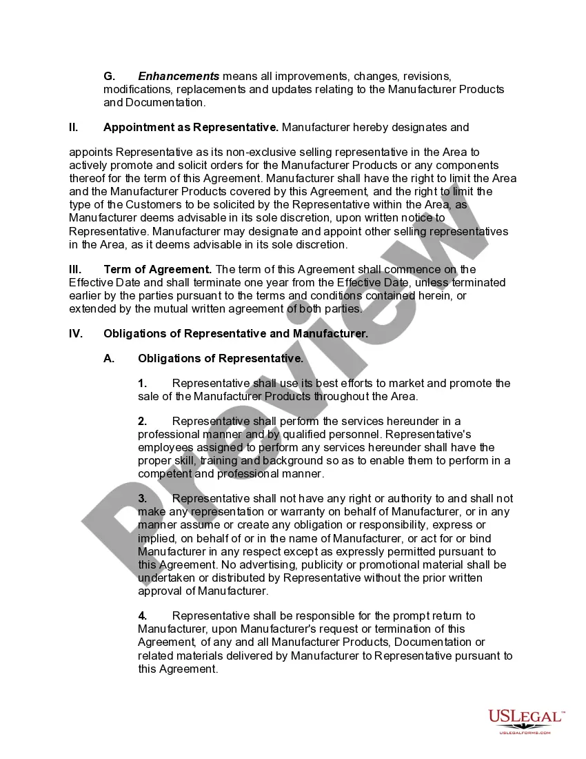 Preview Sales Representative Agreement with Manufacturer and Developer of Certain Computer Hardware and Software Products
