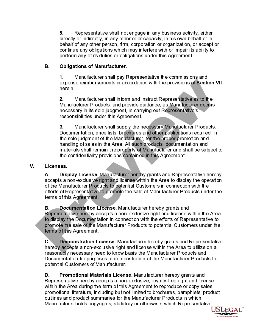 Preview Sales Representative Agreement with Manufacturer and Developer of Certain Computer Hardware and Software Products