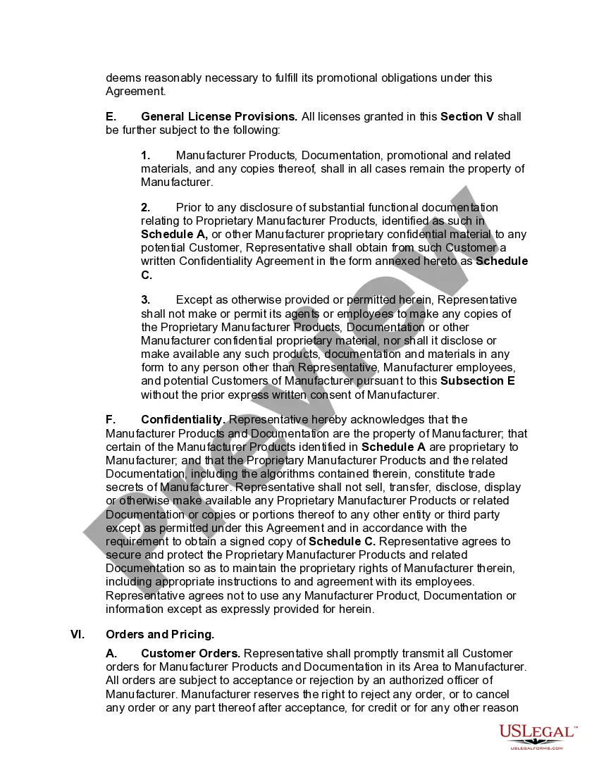 Preview Sales Representative Agreement with Manufacturer and Developer of Certain Computer Hardware and Software Products